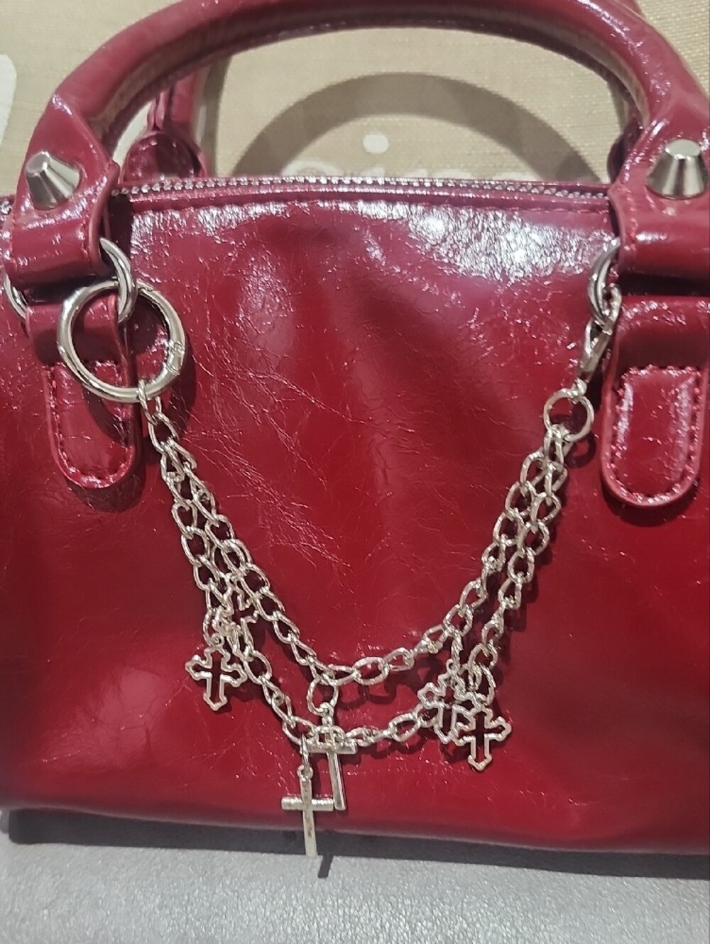 Glossy Vegan Leather Burgundy Dome Satchel/Crossbody Wirh Charm - Picture 2 of 11